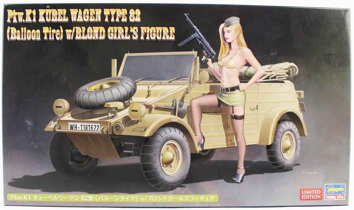 Hasegawa SP473 52273 1/24 Ölçek, Pkw.K1 Kübelwagen Type 82 (Balloon Tire) w/Blonde Girl's Figure, Plastik Model Kiti