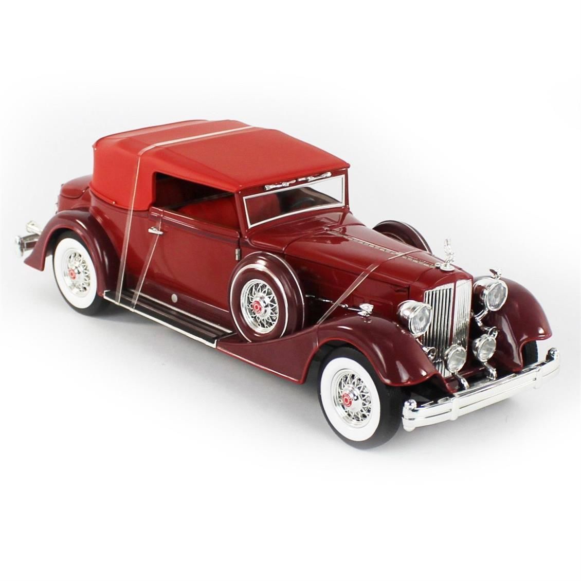AutoWorld AW271 1/18 Ölçek, 1934 Packard V12 Victoria Soft Top, Red, Sergilemeye Hazır Metal Araba Modeli