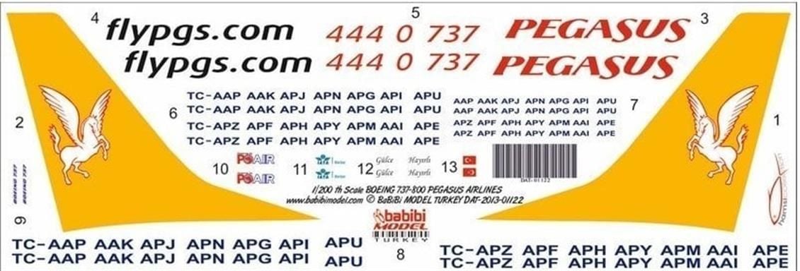 Babibi DAT01122 1/200 Ölçek, Pegasus, Boeing 737-800, Dekal Çıkartma