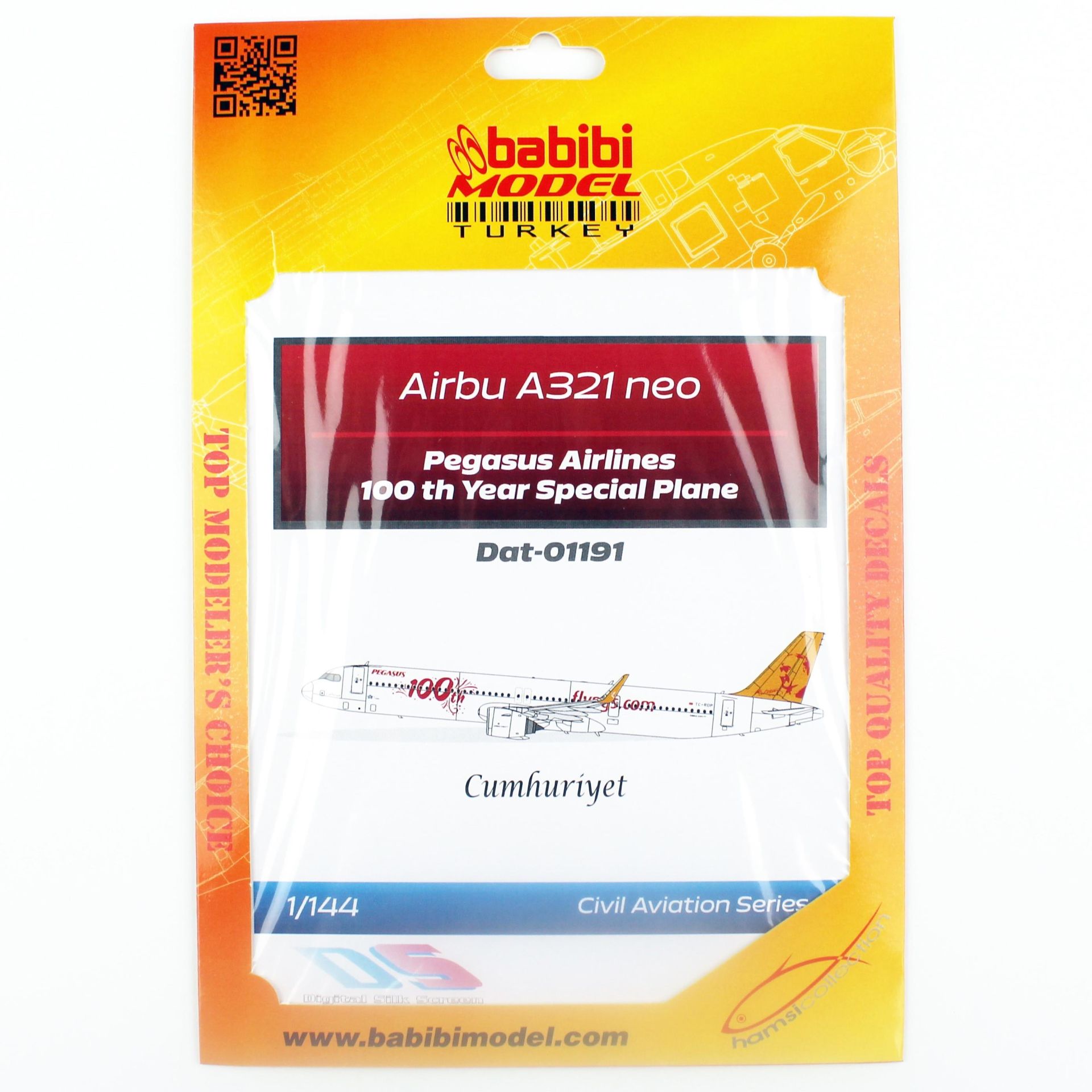 Babibi DAT01191 1/144 Ölçek, Pegasus Hava Yolları Airbus A-321 neo 100.yıl özel boyama Decal Çıkartma