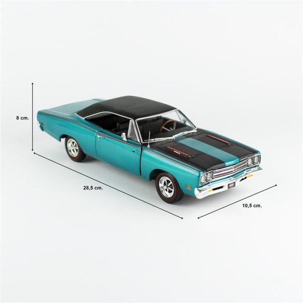 AutoWorld AMM1289 1/18 Ölçek, 1969 Plymouth Road Runner Hardtop (MCACN), Q5 Turquoise, Sergilemeye Hazır Metal Araba Modeli