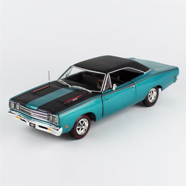 AutoWorld AMM1289 1/18 Ölçek, 1969 Plymouth Road Runner Hardtop (MCACN), Q5 Turquoise, Sergilemeye Hazır Metal Araba Modeli