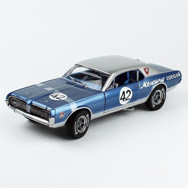 Sunstar 1584R 1/18 Ölçek, 1967 Mercury Cougar Racing-42, Mavi, Sergilemeye Hazır Metal Araba Modeli