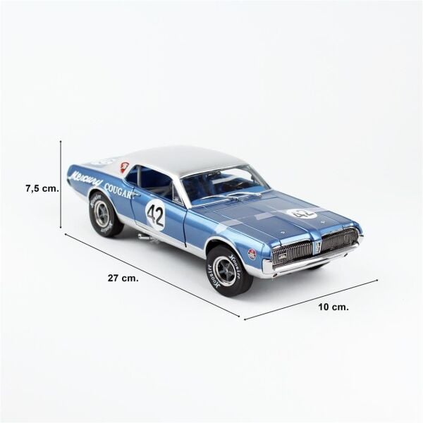 Sunstar 1584R 1/18 Ölçek, 1967 Mercury Cougar Racing-42, Mavi, Sergilemeye Hazır Metal Araba Modeli