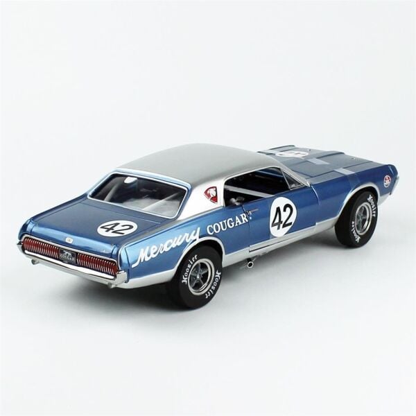 Sunstar 1584R 1/18 Ölçek, 1967 Mercury Cougar Racing-42, Mavi, Sergilemeye Hazır Metal Araba Modeli