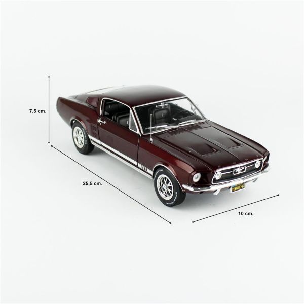 AutoWorld AMM1309 1/18 Ölçek, 1967 Ford Mustang GT 2+2, Burgundy, Sergilemeye Hazır Metal Araba Modeli