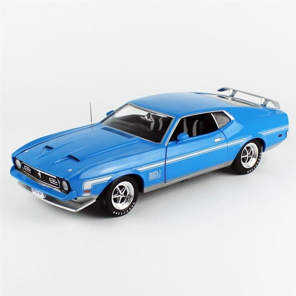 AutoWorld AMM1314 1/18 Ölçek, 1972 Ford Mustang Mach 1, Grabber Blue, Sergilemeye Hazır Metal Araba Modeli