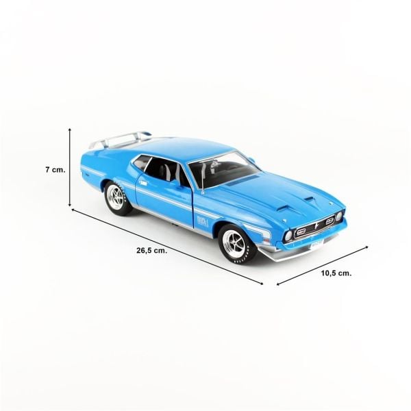 AutoWorld AMM1314 1/18 Ölçek, 1972 Ford Mustang Mach 1, Grabber Blue, Sergilemeye Hazır Metal Araba Modeli