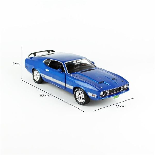 AutoWorld AMM1323 1/18 Ölçek, 1973 Ford Mustang Mach 1 (Class of 1973), Blue Glow, Sergilemeye Hazır Metal Araba Modeli