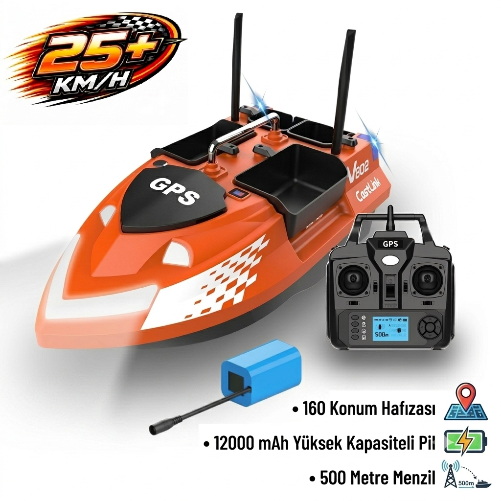 Flytec V802 Pro 500M Menzilli, GPS'li, 160 Konumlu, Oto Eve Dönüş, Yüksek Kapasiteli Batarya, Yüksek Hızlı (25Km/S Hız) Balık, Sazan Yemleme Teknesi ve Botu Normal Paket