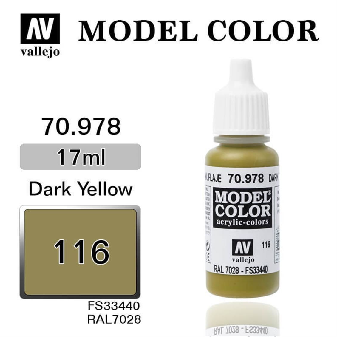 Vallejo 70978 17 ml. (116) Dark Yellow-Matt, Model Color Serisi Model Boyası