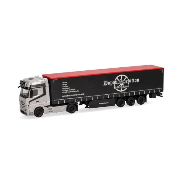 Herpa 318891 1/87 Ölçek, Mercedes-Benz Actros L Gigaspace, Perdeli Dorseli TIR, Popov Spedition, Sergilemeye Hazır Model Araç