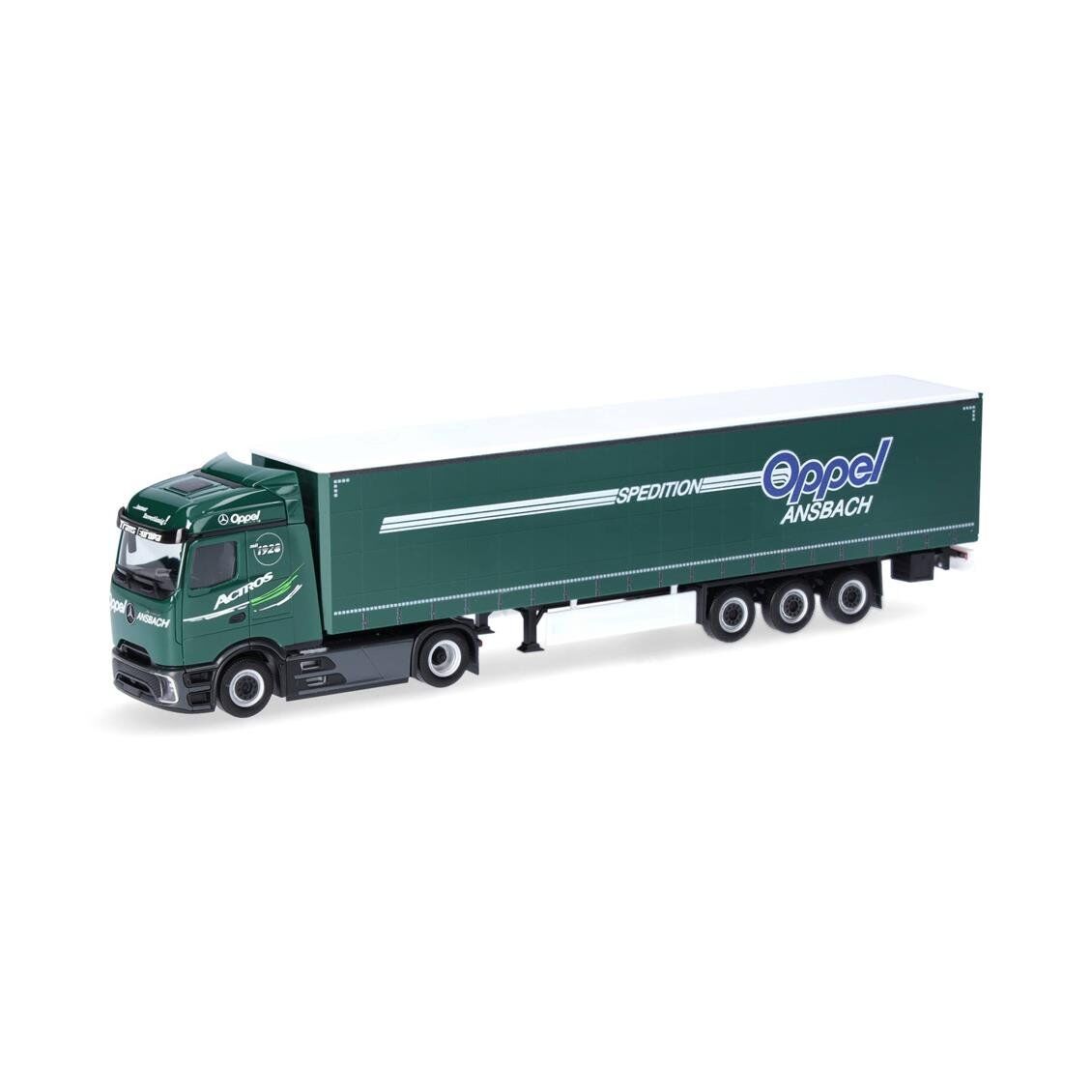 Herpa 319072 1/87 Ölçek, Mercedes-Benz Actros Yatak Kabinli Streamspace, Perdeli Dorseli TIR, Oppel Ansbach, Sergilemeye Hazır