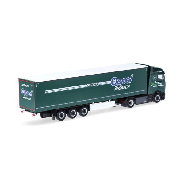 Herpa 319072 1/87 Ölçek, Mercedes-Benz Actros Yatak Kabinli Streamspace, Perdeli Dorseli TIR, Oppel Ansbach, Sergilemeye Hazır