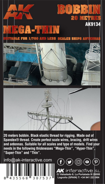 AK 9134 Ultra İnce 0,020 mm. Elastik Tel, 1/700 Gemiler İçin, 20 metre