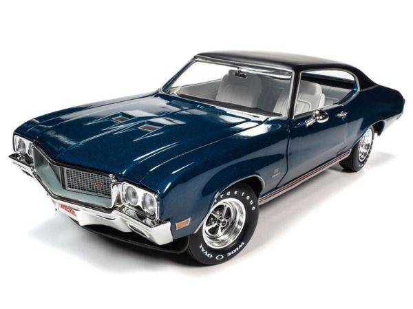 AutoWorld AMM1242 1/18 Ölçek, 1970 Buick GS Stage 1 (Hemmings Muscle Machines), Diplomat Blue, Sergilemeye Hazır Metal Araba Mo