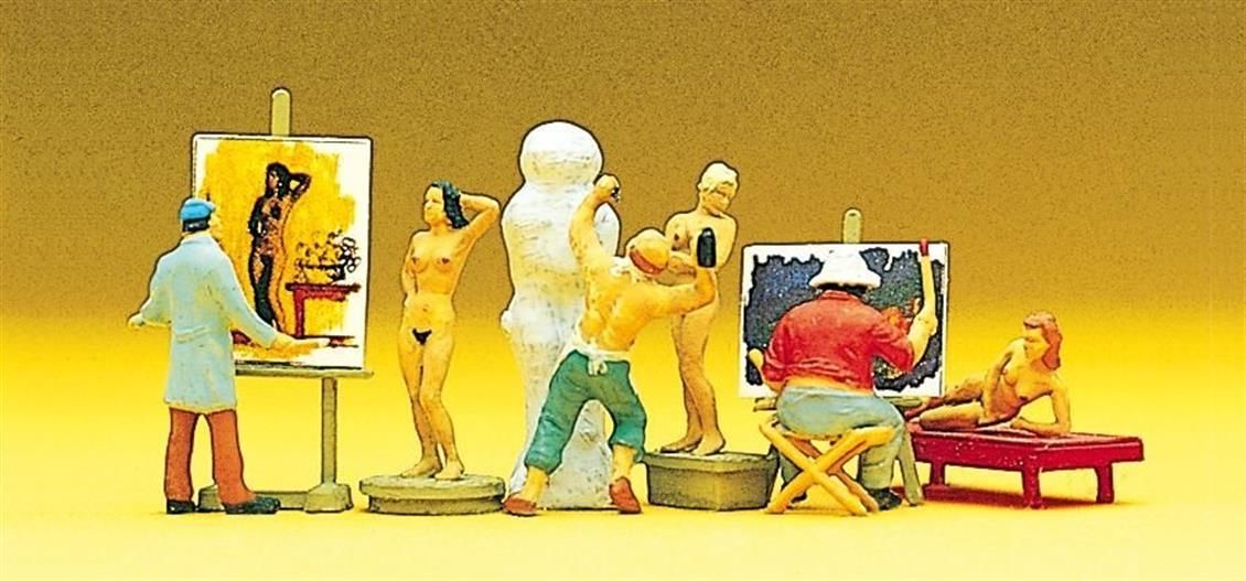 Preiser 10106 1/87 Ölçek, Ressamlar, Heykeltraş ve Modeller, Boyanmış Plastik Figürleri, 9 Adet