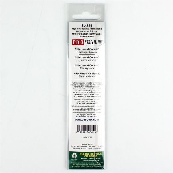 Peco SL-395 Code 80 1/160 Ölçek, 457 mm. Çap, Uzak Mesafe Sağ Makas, Model Tren Rayı
