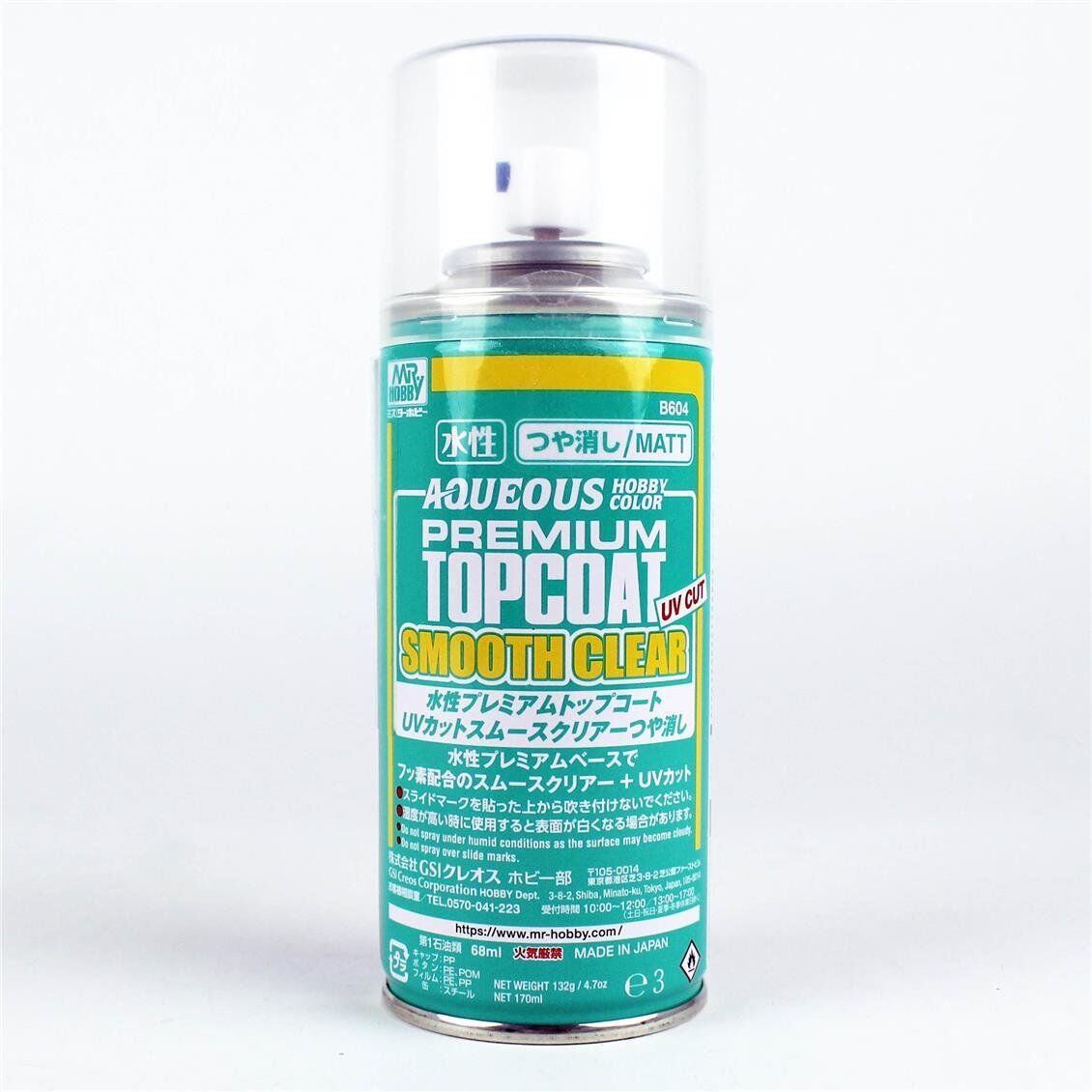 Mr.Hobby B-604 170 ml. Mr.Premium Son Kat Mat Vernik, UVCut Smooth Clear, Sprey Model Boyası