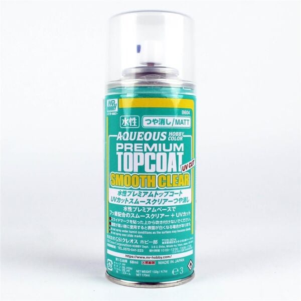Mr.Hobby B-604 170 ml. Mr.Premium Son Kat Mat Vernik, UVCut Smooth Clear, Sprey Model Boyası