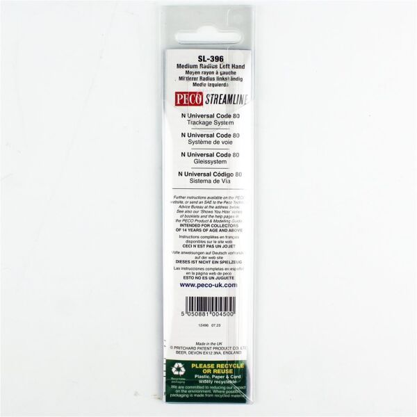 Peco SL-396 Code 80 1/160 Ölçek, 457 mm. Çap, Uzak Mesafe Sol Makas, Model Tren Rayı
