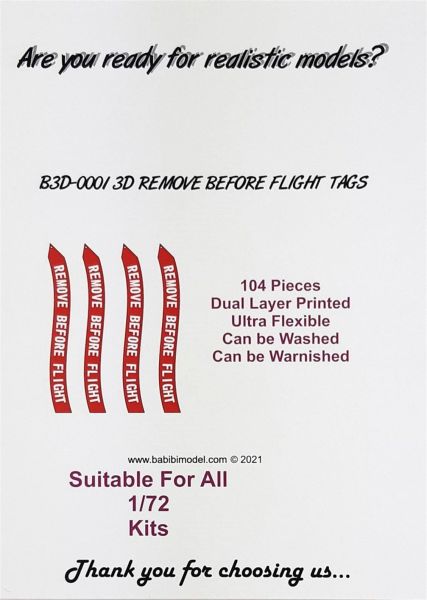 Babibi B3D-0001 1/72 Ölçek, Remove Flight Tags, 3 Boyutlu Dekal Çıkartma