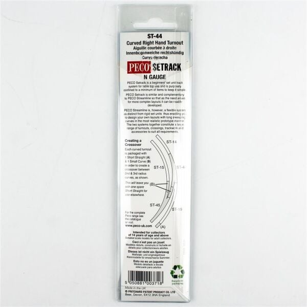 Peco ST-44 Code 80 1/160 Ölçek, 156 mm. Çap, Sağa Dönüşlü Makas, Model Tren Rayı