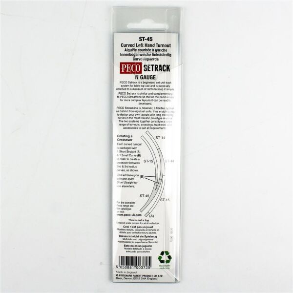 Peco ST-45 Code 80 1/160 Ölçek, 156 mm. Çap, Sola Dönüşlü Makas, Model Tren Ray
