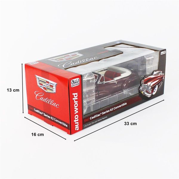 AutoWorld AW273 1/18 Ölçek, 1947 Cadillac Series 62 Cabriolet, Burgundy, Sergilemeye Hazır Metal Araba Modeli