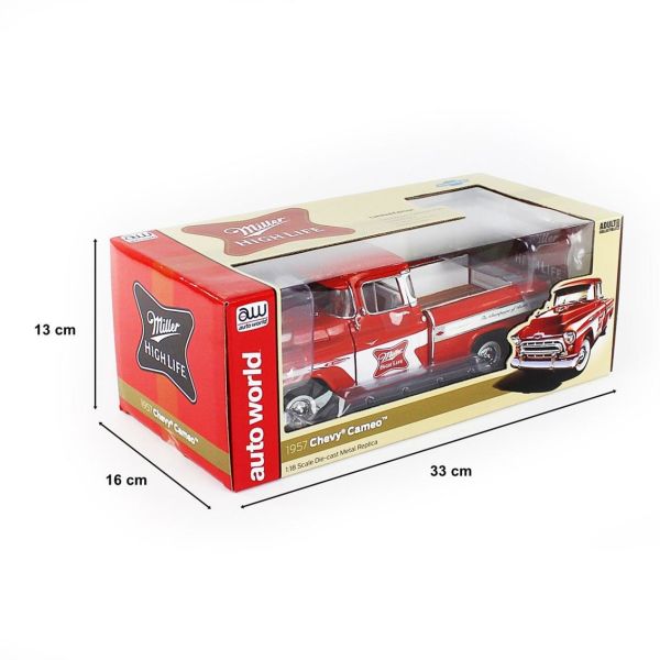 AutoWorld AW287 1/18 Ölçek, 1957 Chevy Cameo Pickup / Miller High Life, Red & White, Sergilemeye Hazır Metal Araba Modeli