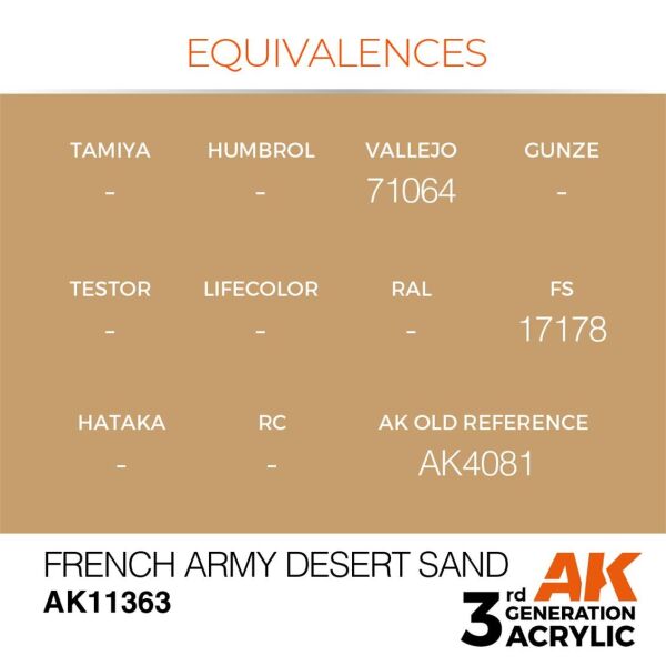 AK 11363 17 ml. French Army Desert Sand, AFV Serisi 3GEN Akrilik Model Boyası