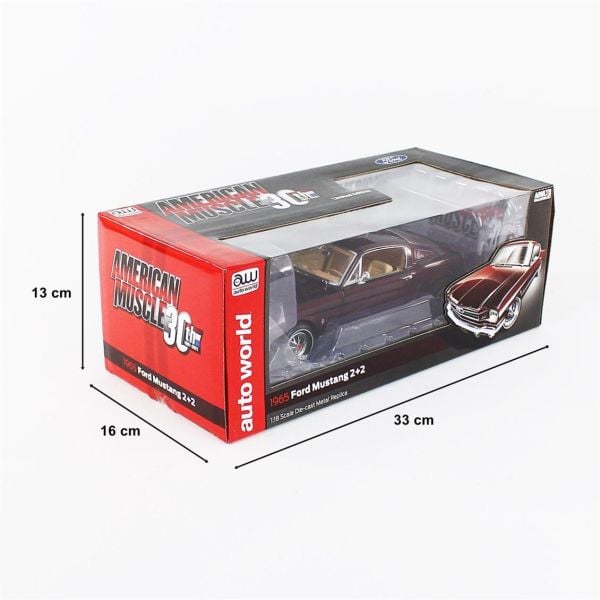 AutoWorld AMM1248 1/18 Ölçek, 1965 Ford Mustang 2+2, Vintage Burgundy, Sergilemeye Hazır Metal Araba Modeli