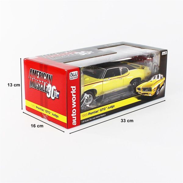 AutoWorld AMM1252 1/18 Ölçek, 1969 Pontiac GTO Judge, Goldenrod Yellow, Sergilemeye Hazır Metal Araba Modeli
