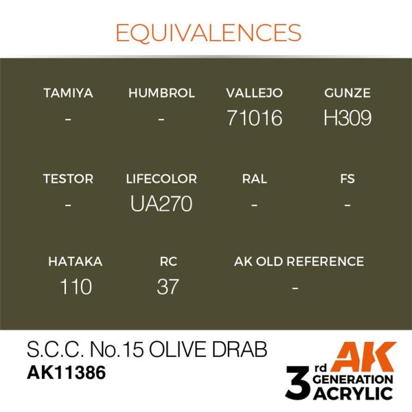 AK 11386 17 ml. S.C.C. No.15 Olive Drab, AFV Serisi 3GEN Akrilik Model Boyası