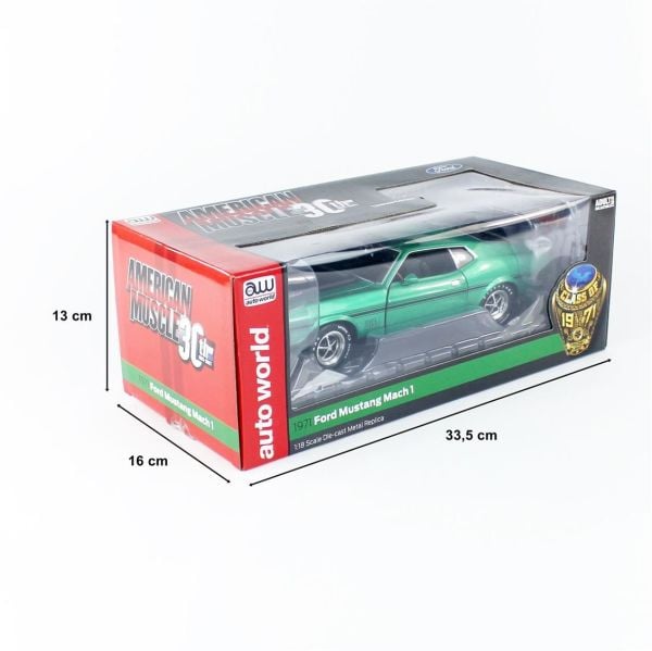 Autoworld AMM1262 1/18 Ölçek, 1971 Ford Mustang Mach 1 CO71, Dark Green, Sergilemeye Hazır Metal Araba Maketi