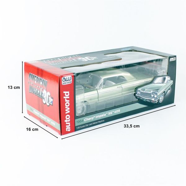 Autoworld AMM1264 1/18 Ölçek, 1964 Chevy Impala SS 409, Meadow Green, Sergilemeye Hazır Metal Araba Maketi