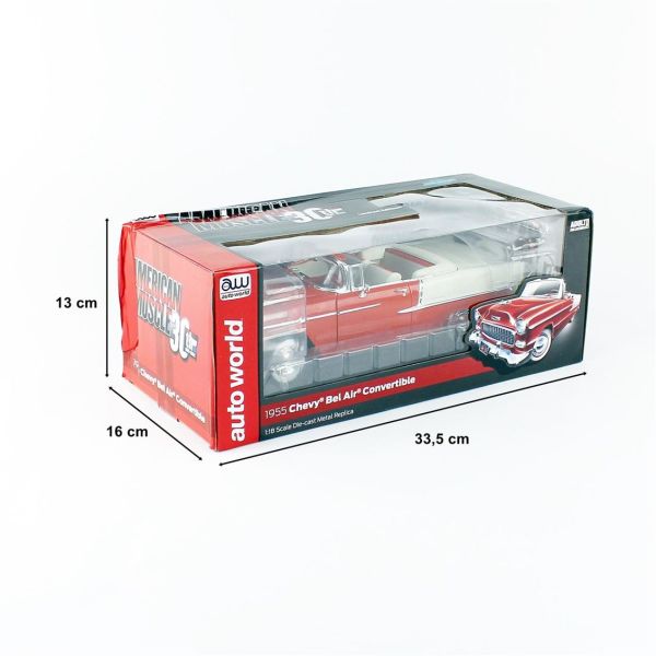 Autoworld AMM1265 1/18 Ölçek, 1955 Chevy Belair Convertible, Red White, Sergilemeye Hazır Metal Araba Maketi