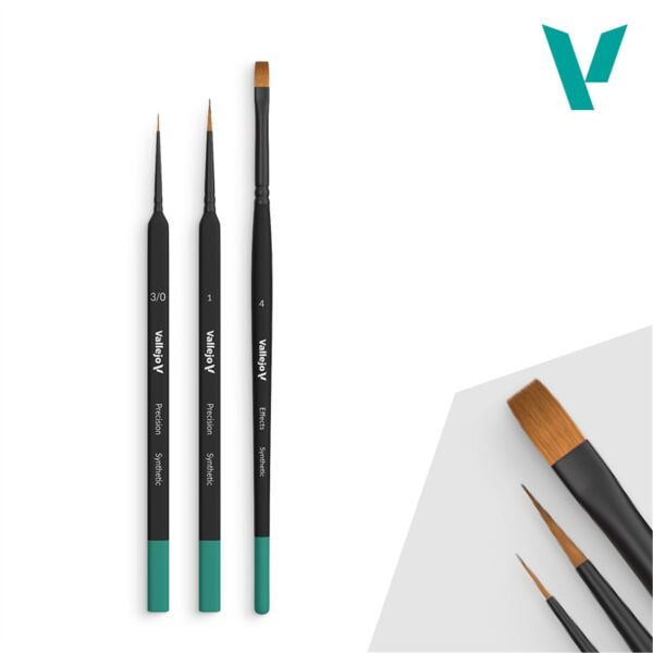 Vallejo B03990 (Round No.1 & 3/0 Triangular Handle, Flat No.4, synthetics) Başlangıç Boya Fırçası Seti