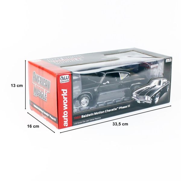 Autoworld AMM1269 1/18 Ölçek, 1969 Chevy Chevelle Baldwin Motion, Tuxedo Black, Sergilemeye Hazır Metal Araba Maketi