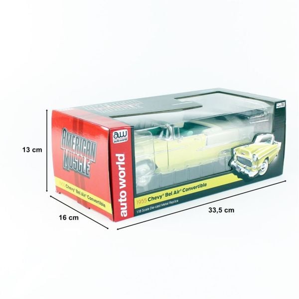 Autoworld AMM1285 1/18 Ölçek, 1955 Chevy Bel Air Convertible, Yellow, Sergilemeye Hazır Metal Araba Maketi