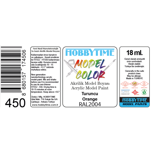Hobbytime 450 18 ml. RAL2004 Turuncu (Orange), Akrilik Model Boyası