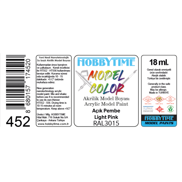 Hobbytime 452 18 ml. RAL3015 Açık Pembe (Light Pink), Akrilik Model Boyası