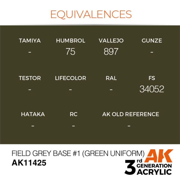 AK 11425 17 ml. Field Grey Base #1 (Green uniform), Figür Serisi 3GEN Akrilik Model Boyası