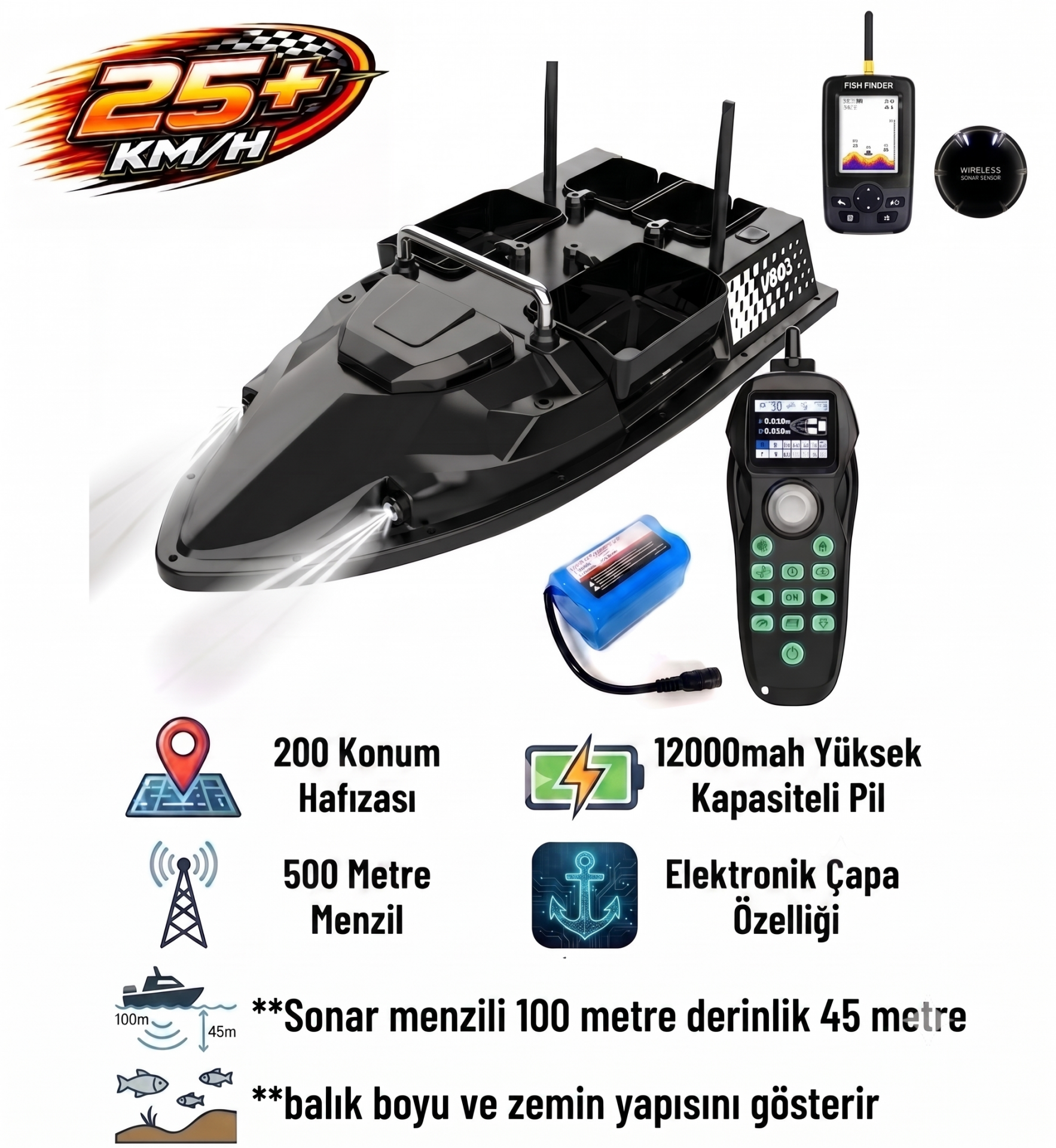 SAZAN YEMLEME BOTU Flytec V803 Pro 500M Menzilli, GPS'li, 200 Konumlu, Oto Eve Dönüş, Yüksek Kapasiteli Batarya, 25Km/S Hızlı Balık, Sazan Yemleme Teknesi ve Botu Sonarlı
