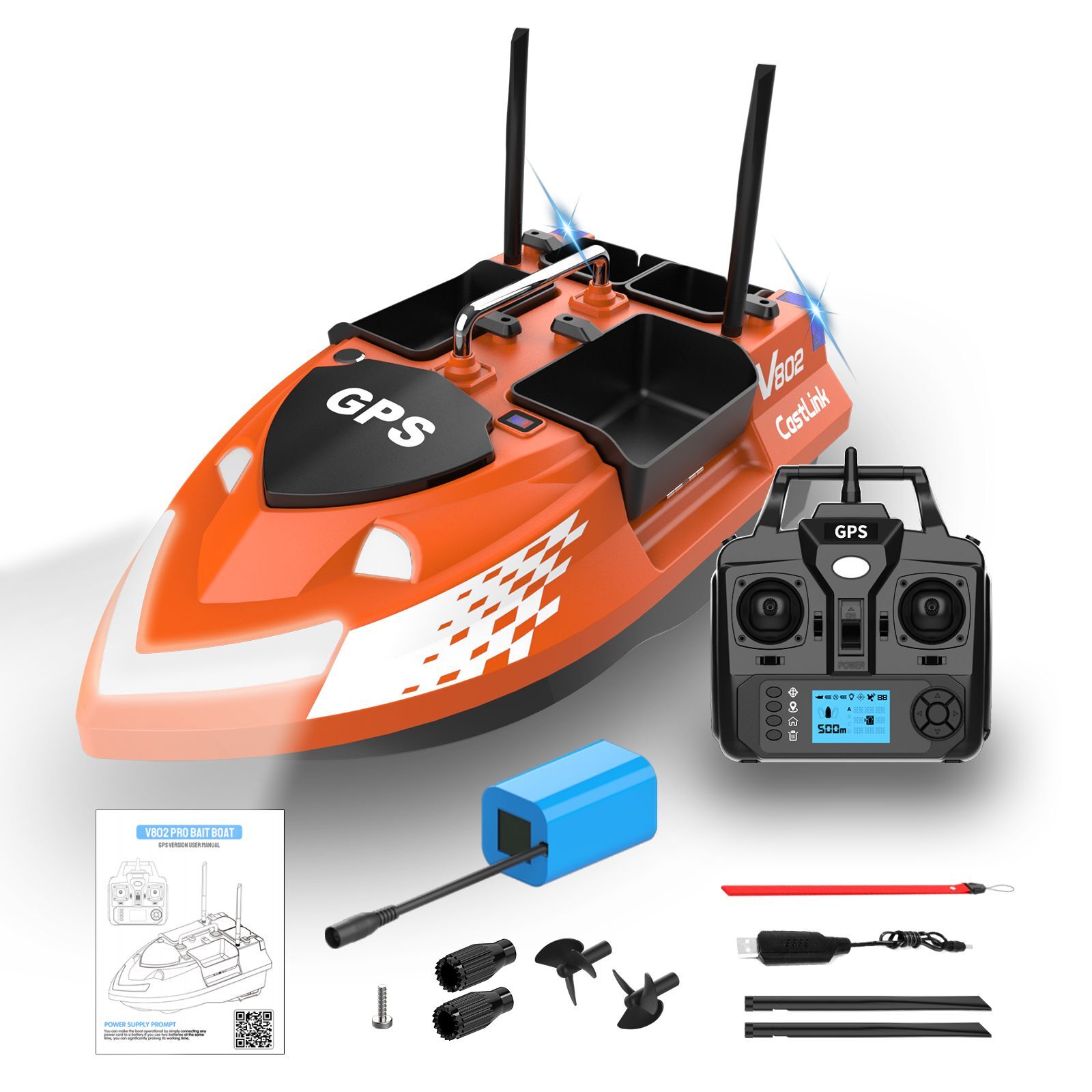 Flytec V802 Pro 500M Menzilli, GPS'li, 160 Konumlu, Oto Eve Dönüş, Yüksek Kapasiteli Batarya, Yüksek Hızlı Balık, Sazan Yemleme Teknesi ve Botu