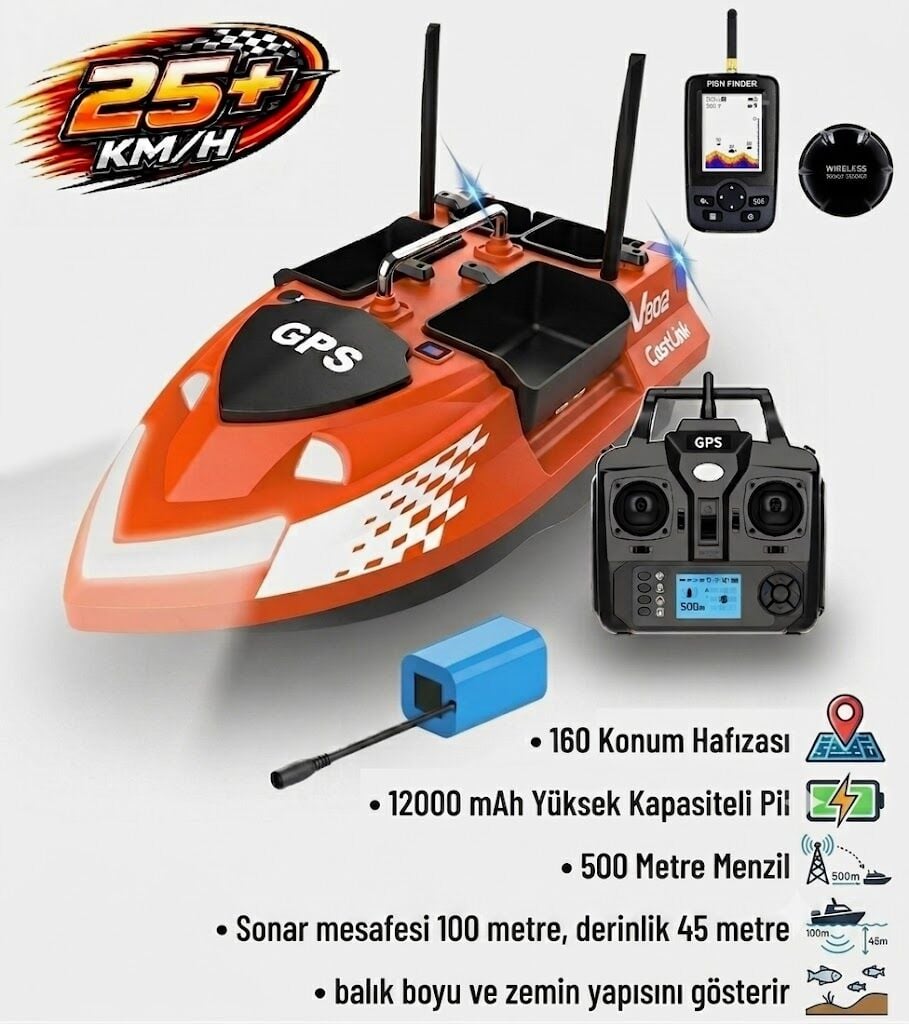 SAZAN YEMLEME BOTU Flytec V802 Pro 500M Menzilli, GPS'li, 160 Konumlu, Oto Eve Dönüş, Yüksek Kapasiteli Batarya, Yüksek Hızlı (25Km/S Hız) Balık, Sazan Yemleme Teknesi ve Botu Sonarlı