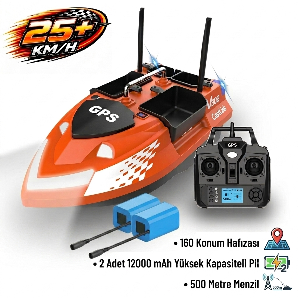SAZAN YEMLEME BOTU Flytec V802 Pro 500M Menzilli, GPS'li, 160 Konumlu, Oto Eve Dönüş, Yüksek Kapasiteli Batarya, Yüksek Hızlı (25Km/S Hız) Balık, Sazan Yemleme Teknesi ve Botu +Ekstra Bataryalı