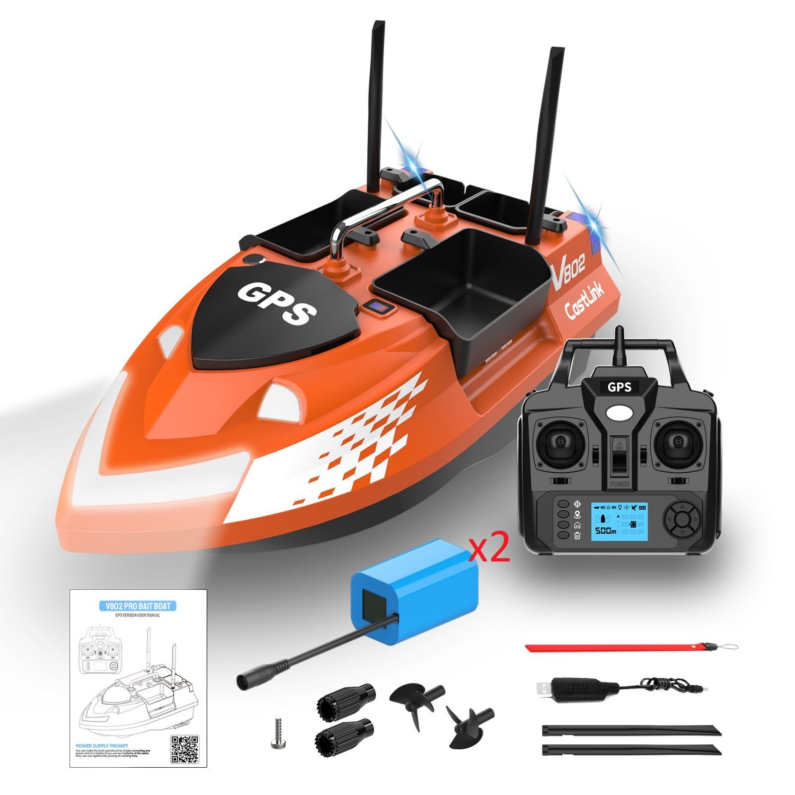 Flytec V802 Pro 500M Menzilli, GPS'li, 160 Konumlu, Oto Eve Dönüş, Yüksek Kapasiteli Batarya, Yüksek Hızlı Balık, Sazan Yemleme Teknesi ve Botu +Ekstra Bataryalı