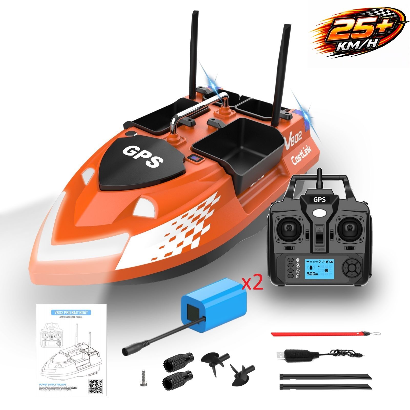 Flytec V802 Pro 500M Menzilli, GPS'li, 160 Konumlu, Oto Eve Dönüş, Yüksek Kapasiteli Batarya, Yüksek Hızlı (25Km/S Hız) Balık, Sazan Yemleme Teknesi ve Botu +Ekstra Bataryalı