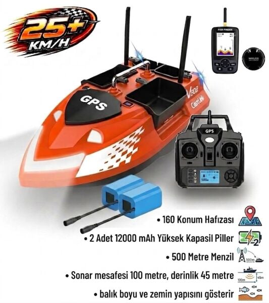 SAZAN YEMLEME BOTU Flytec V802 Pro 500M Menzilli, GPS'li, 160 Konumlu, Oto Eve Dönüş, Yüksek Kapasiteli Batarya, Yüksek Hızlı (25Km/S Hız) Balık, Sazan Yemleme Teknesi ve Botu Sonar + Ekstra Bataryalı